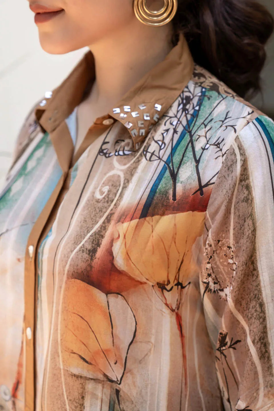 statement print asymmetrical tunic with studded collar roll up sleeves