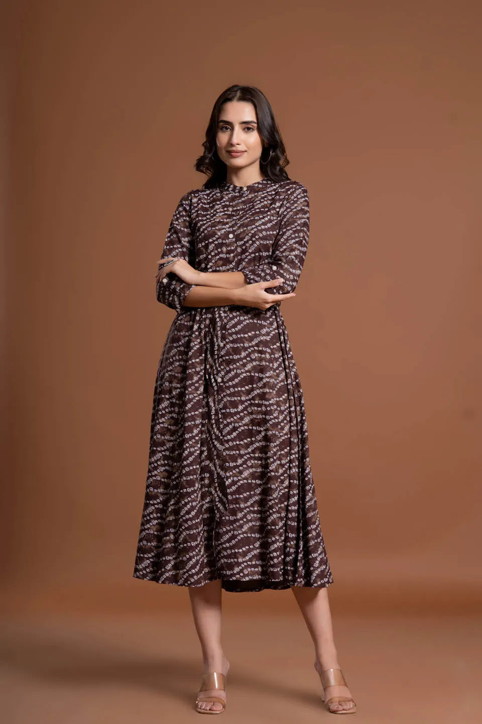 stylish bandhej print applique a line midi dress