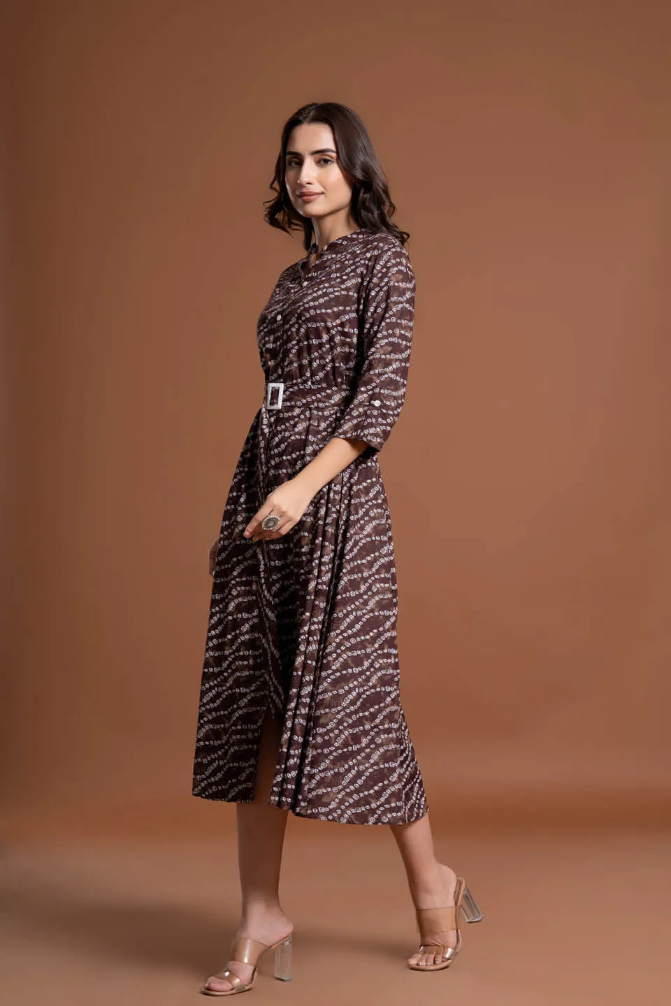 stylish bandhej print applique a line midi dress