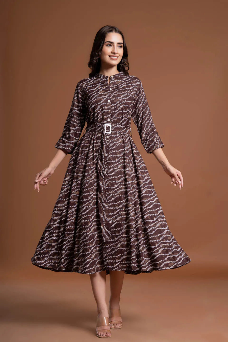 stylish bandhej print applique a line midi dress