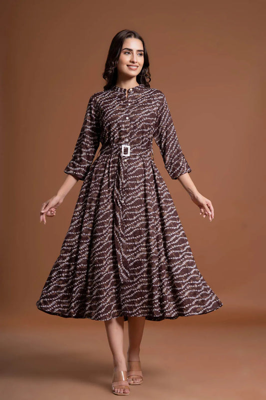 stylish bandhej print applique a line midi dress