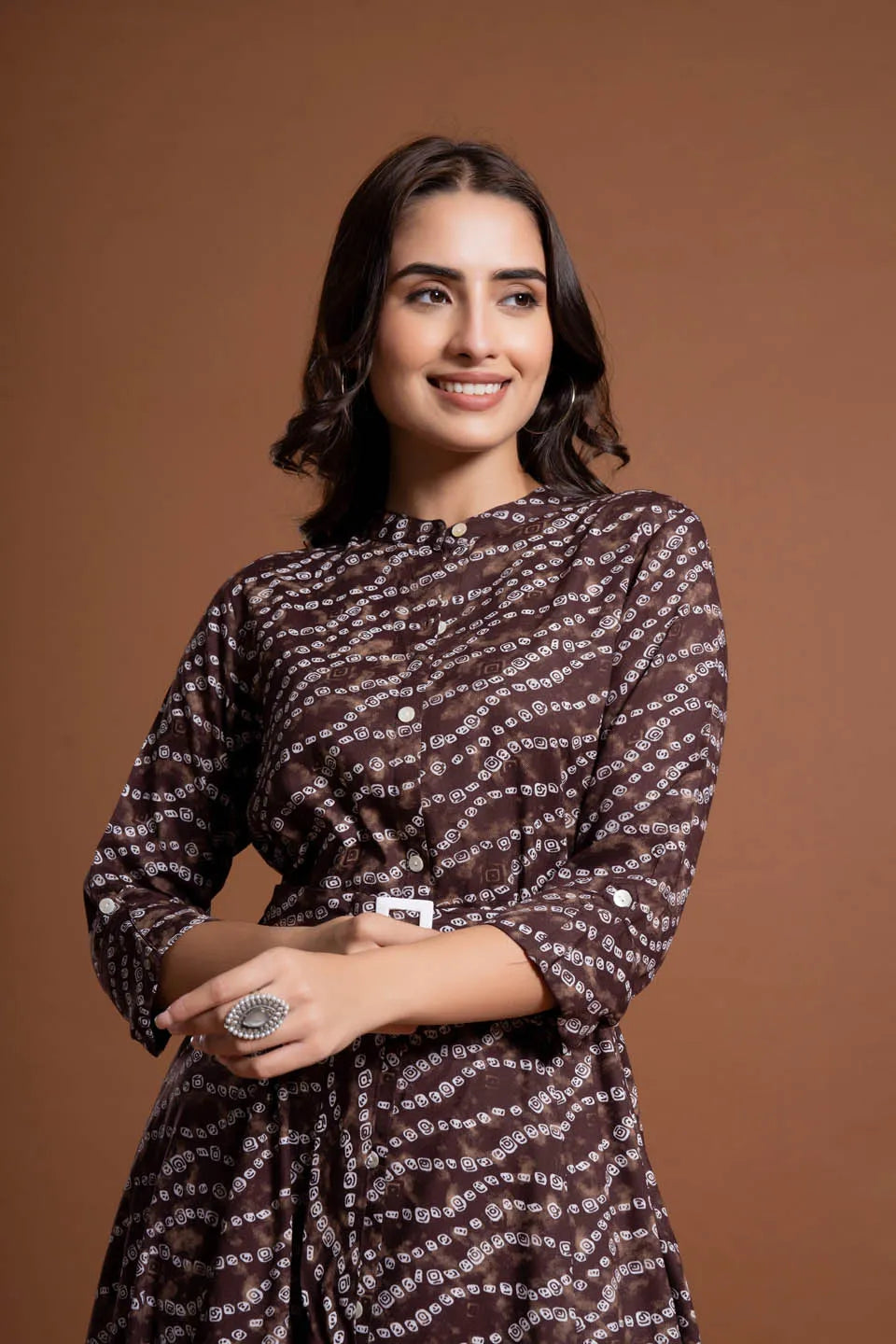 stylish bandhej print applique a line midi dress