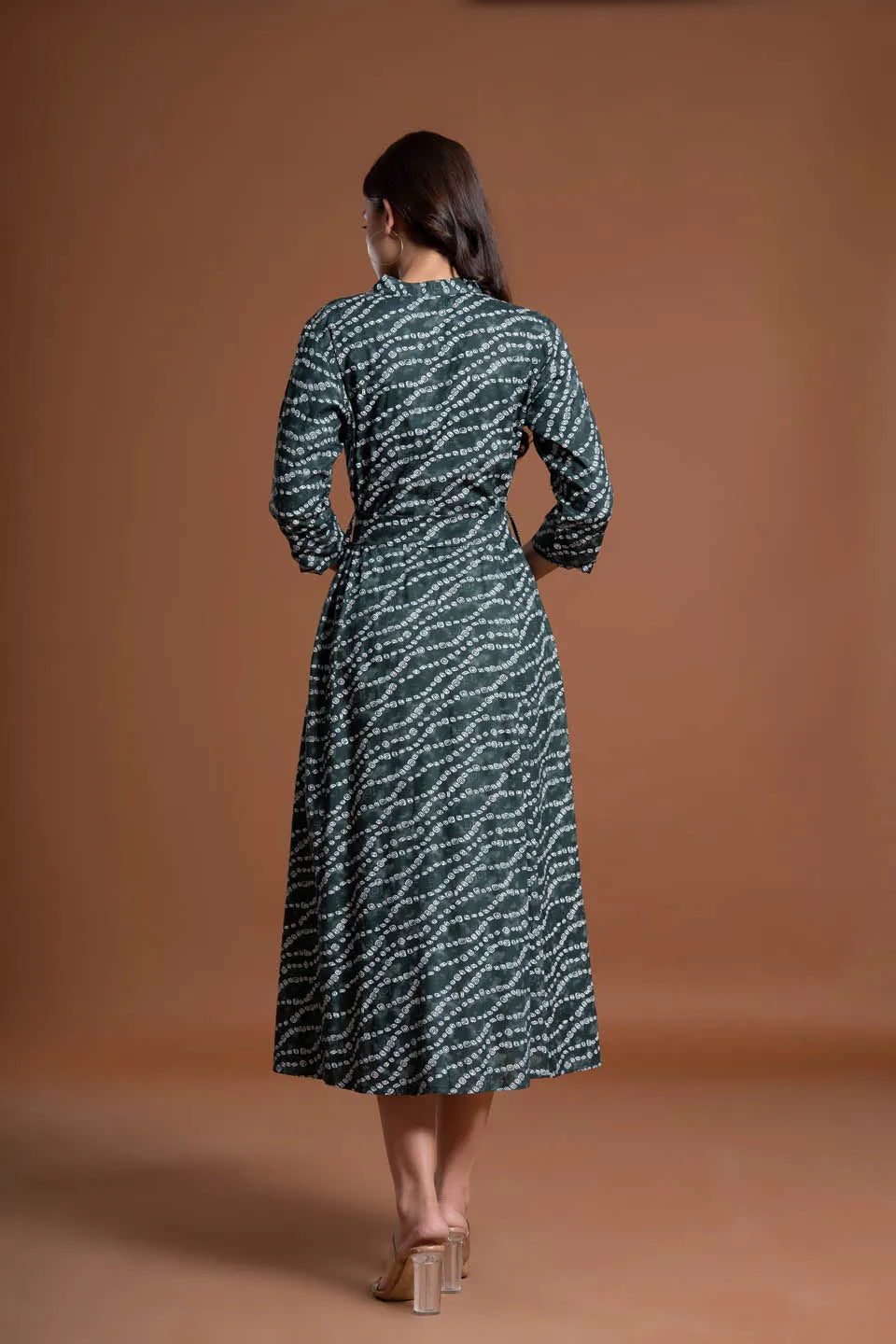 stylish bandhej print applique a line midi dress