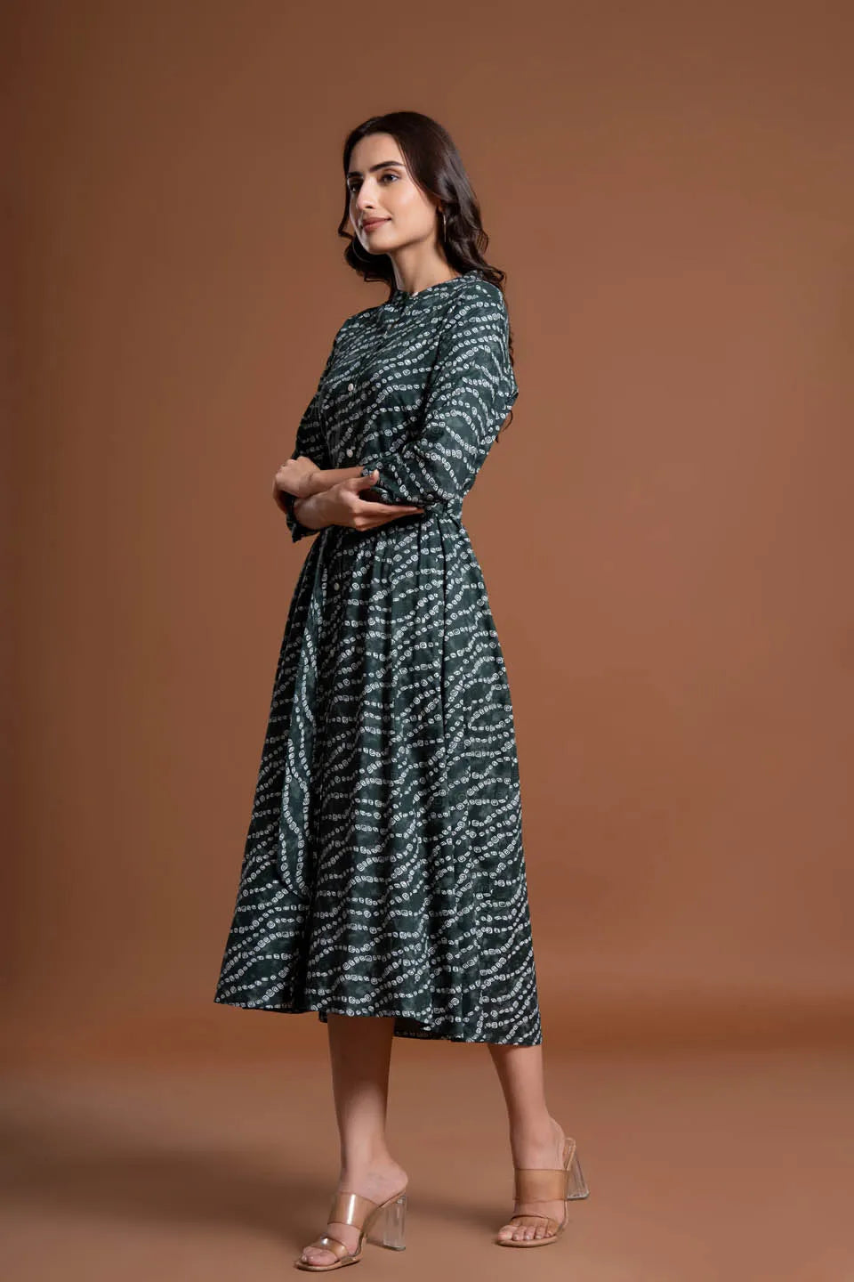 stylish bandhej print applique a line midi dress