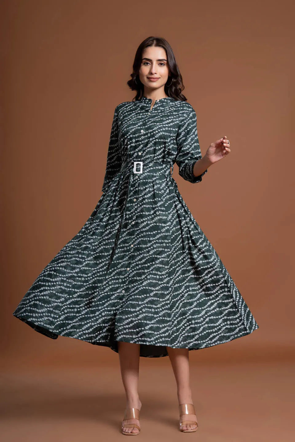 stylish bandhej print applique a line midi dress