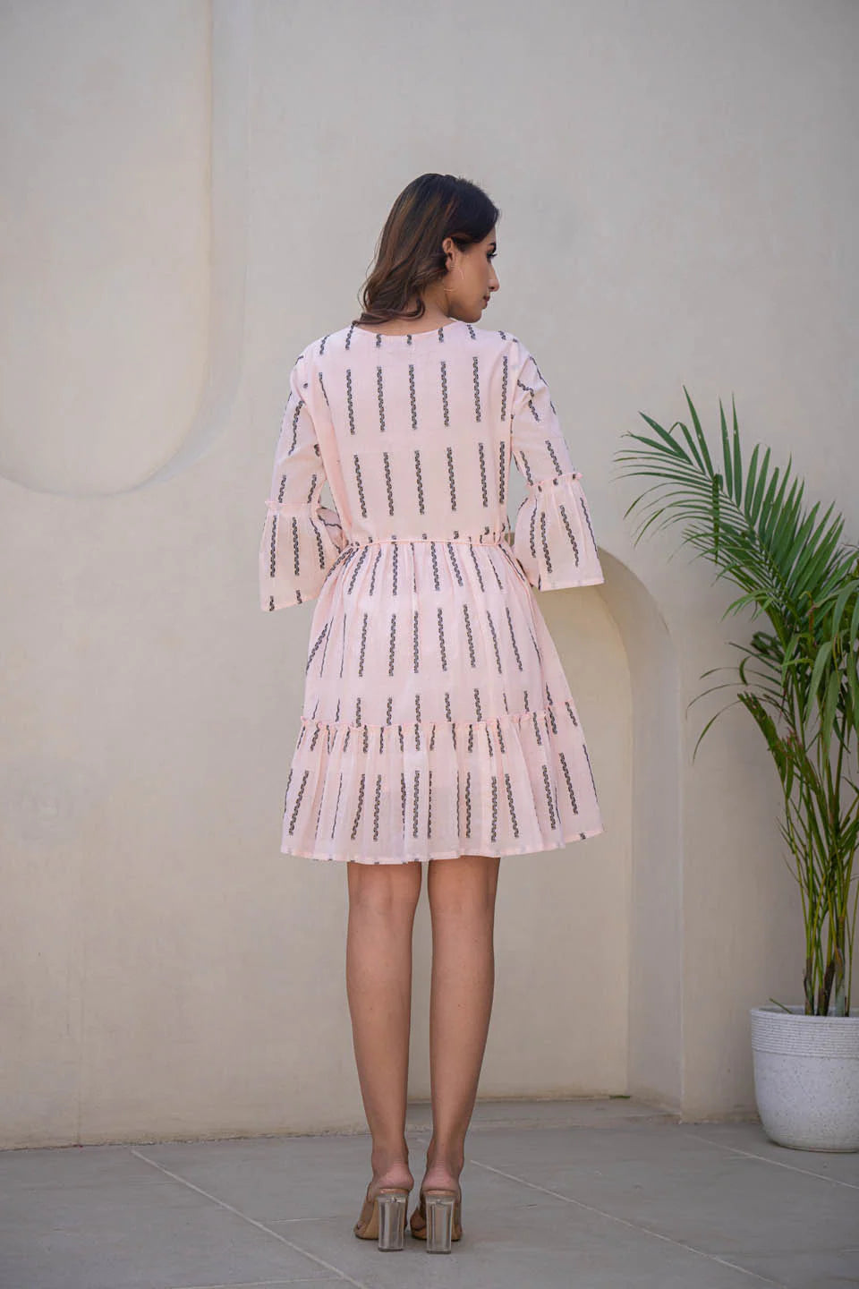 cotton dress with knot belt and flared sleeves