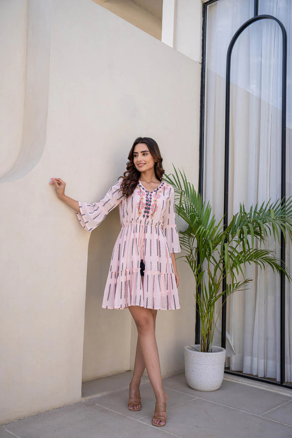 cotton dress with knot belt and flared sleeves