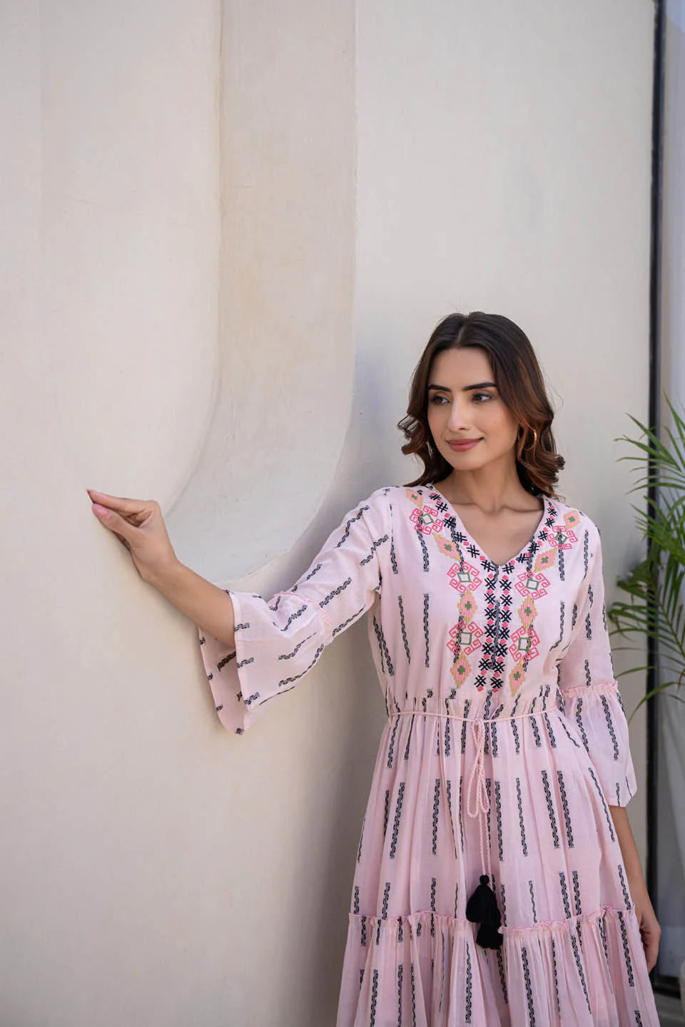 cotton dress with knot belt and flared sleeves