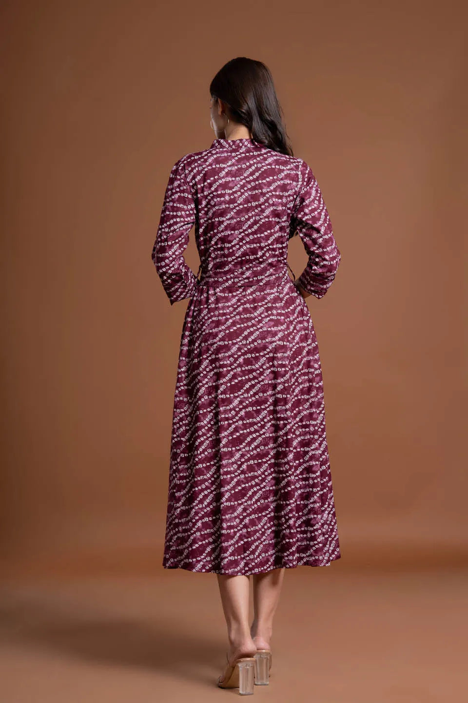 stylish bandhej print applique a line midi dress