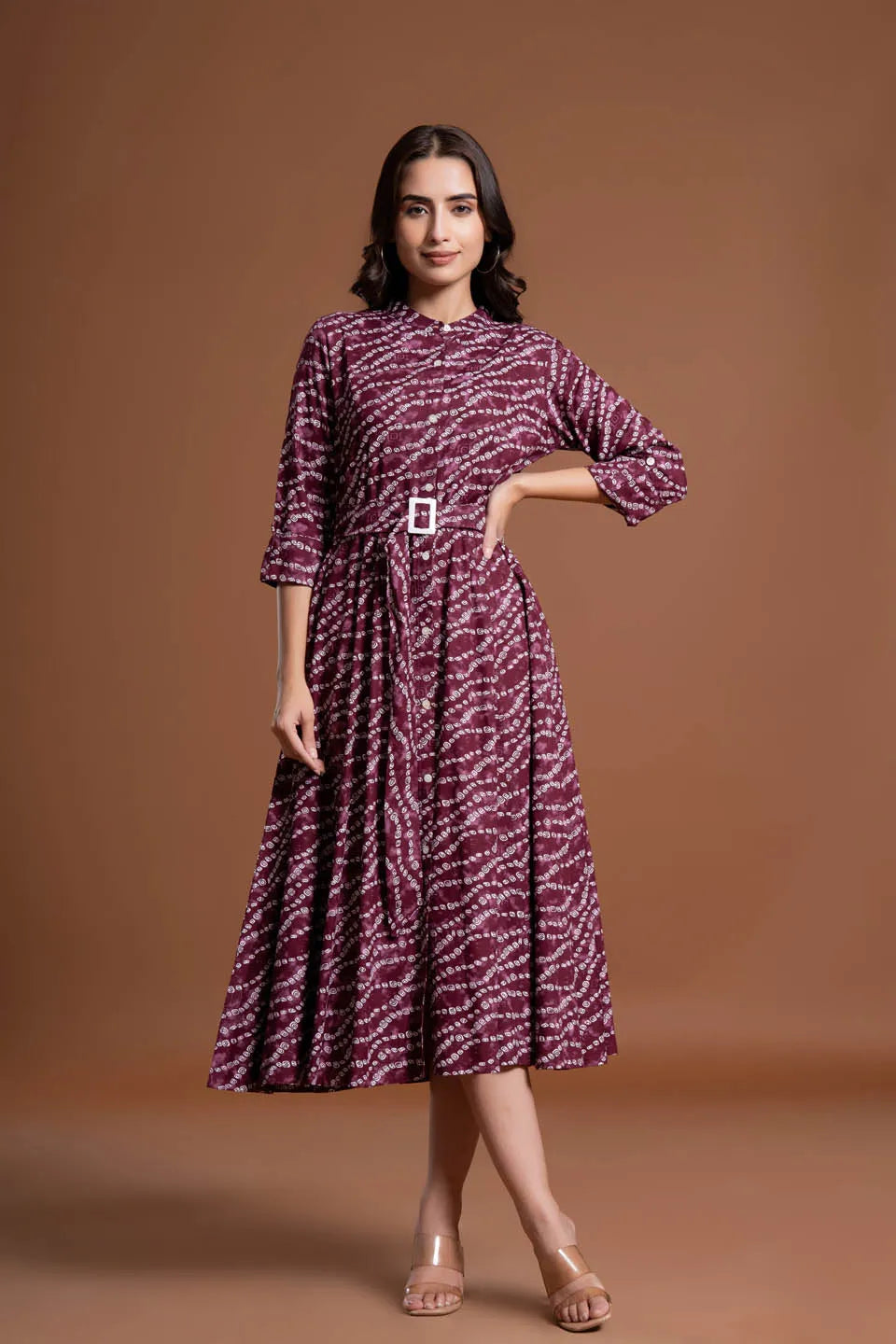 stylish bandhej print applique a line midi dress