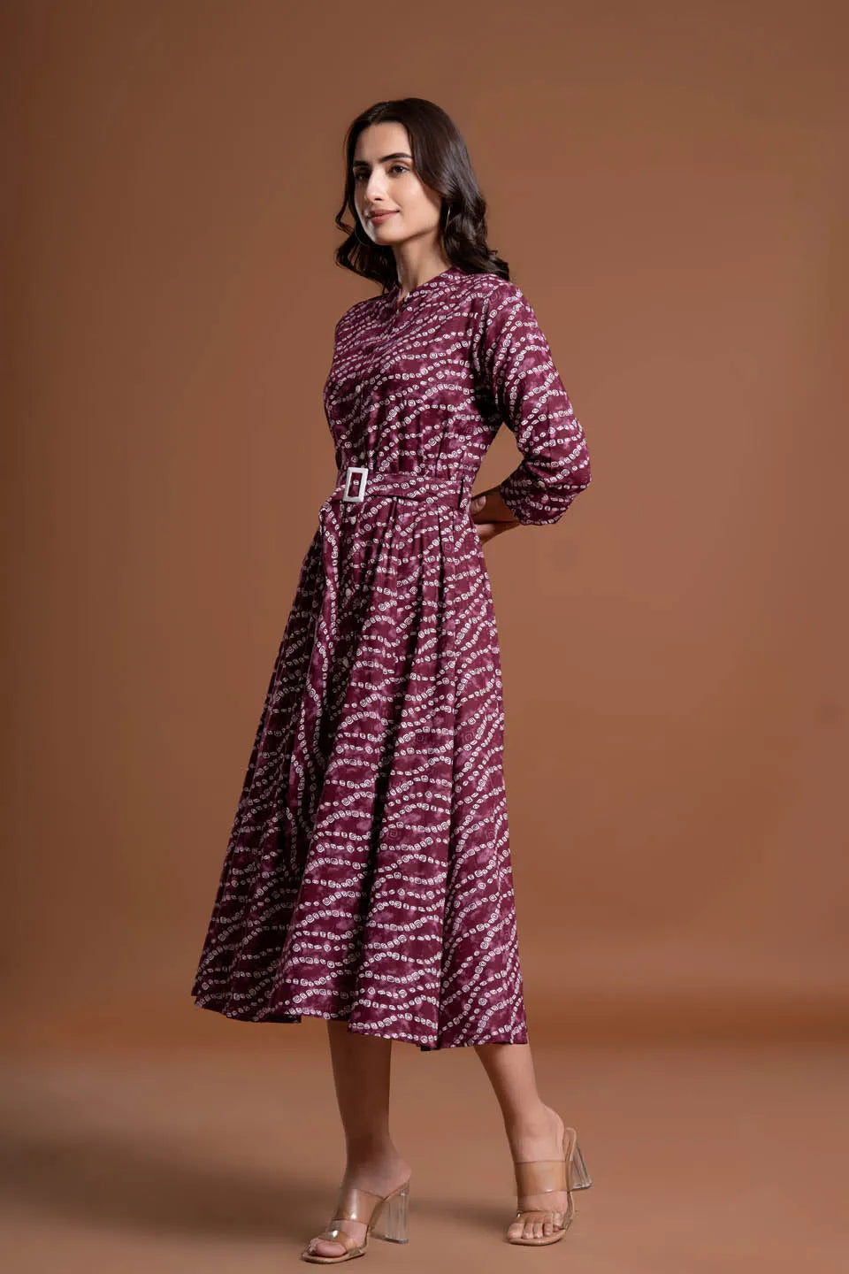 stylish bandhej print applique a line midi dress