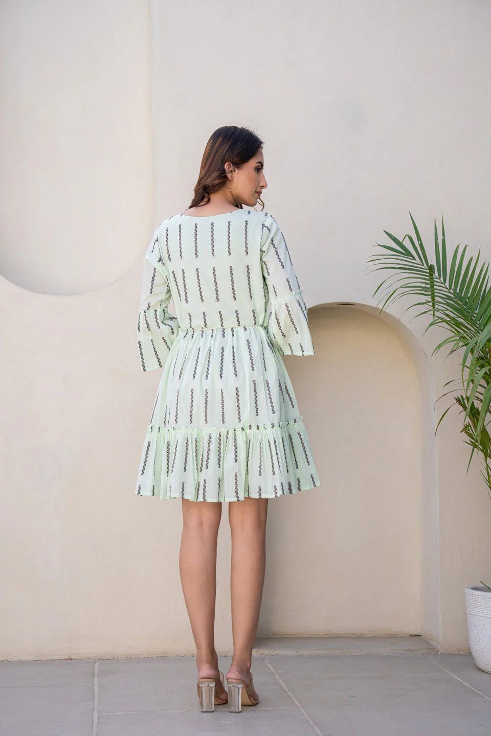 cotton dress with knot belt and flared sleeves