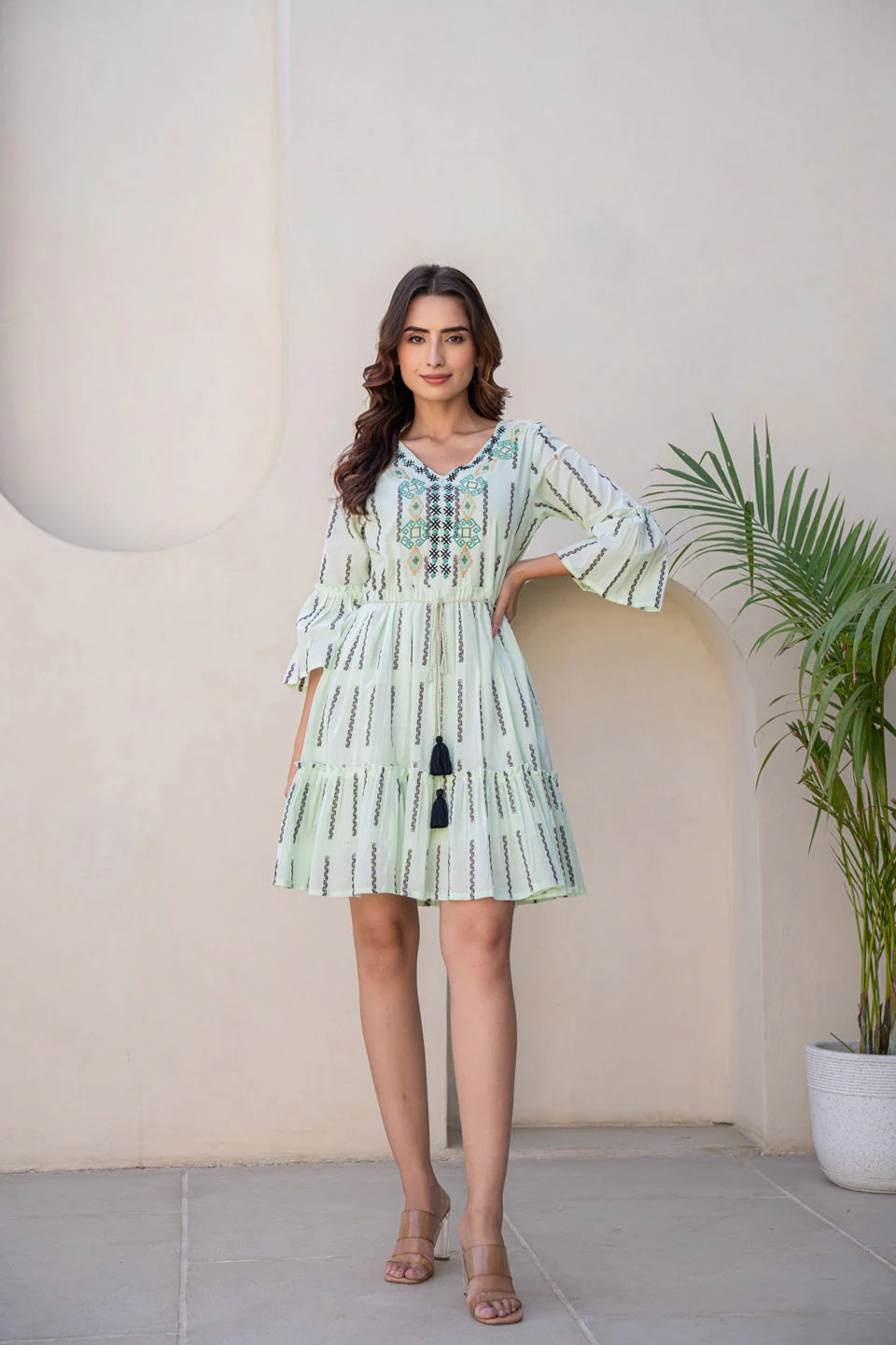 cotton dress with knot belt and flared sleeves