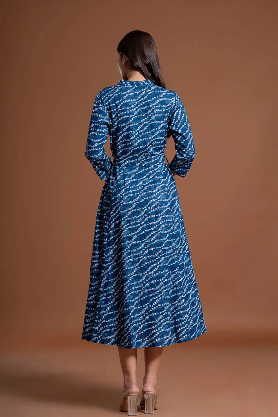 stylish bandhej print applique a line midi dress