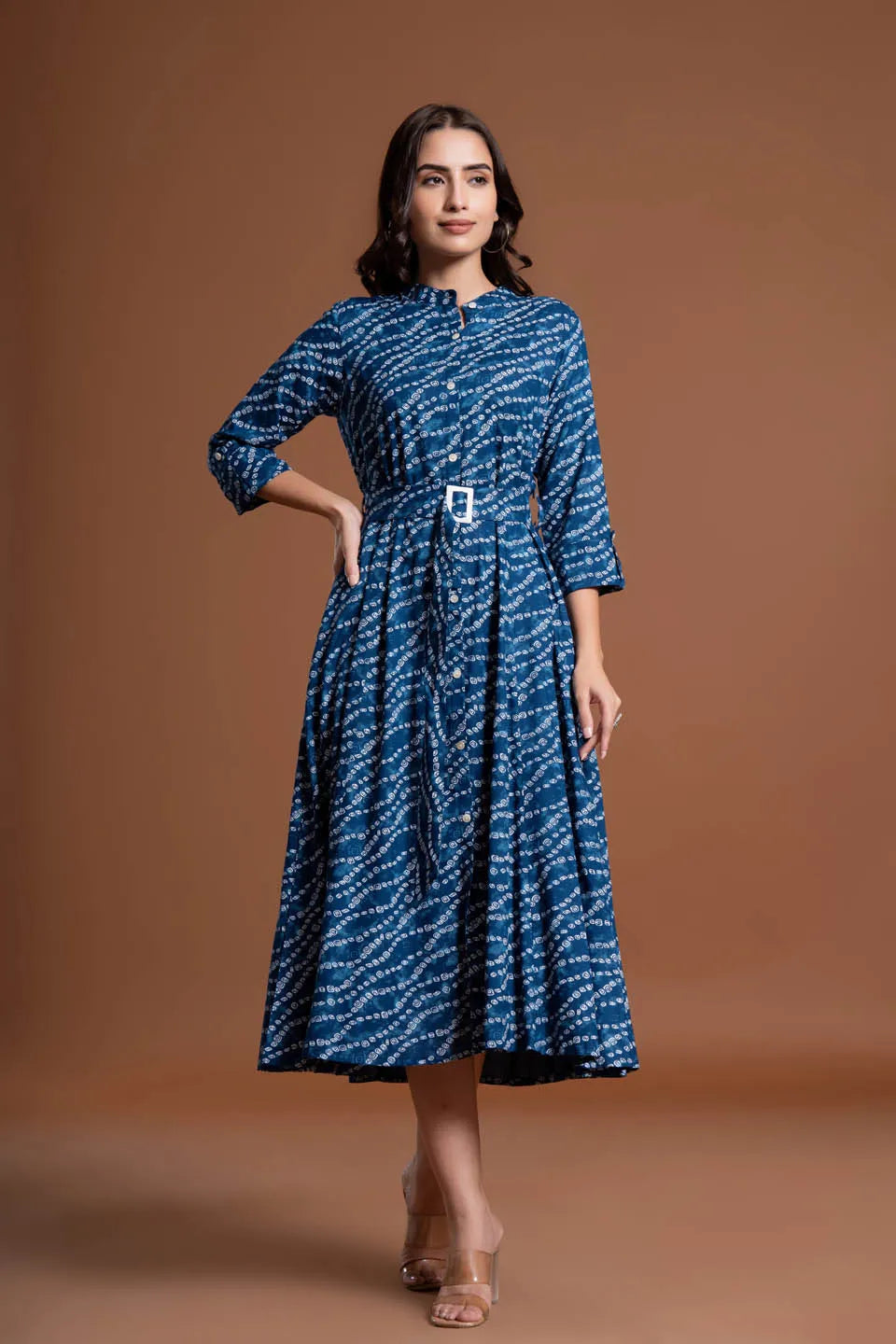 stylish bandhej print applique a line midi dress