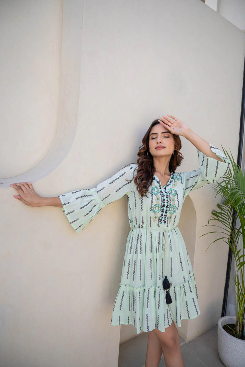 cotton dress with knot belt and flared sleeves