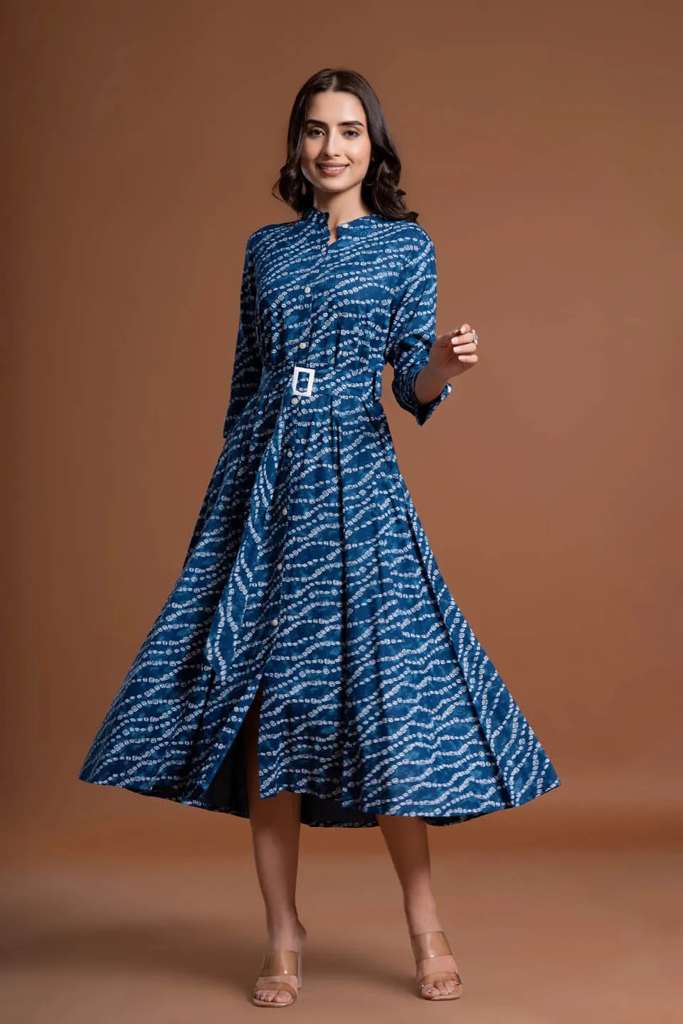 stylish bandhej print applique a line midi dress