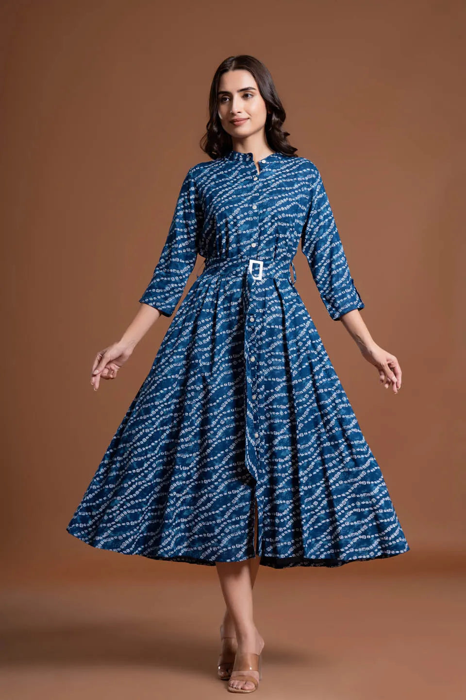 stylish bandhej print applique a line midi dress