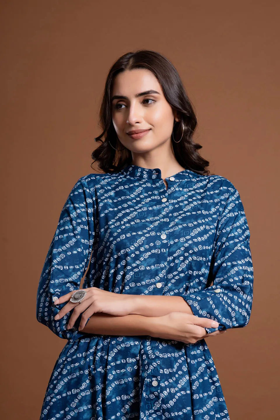 stylish bandhej print applique a line midi dress