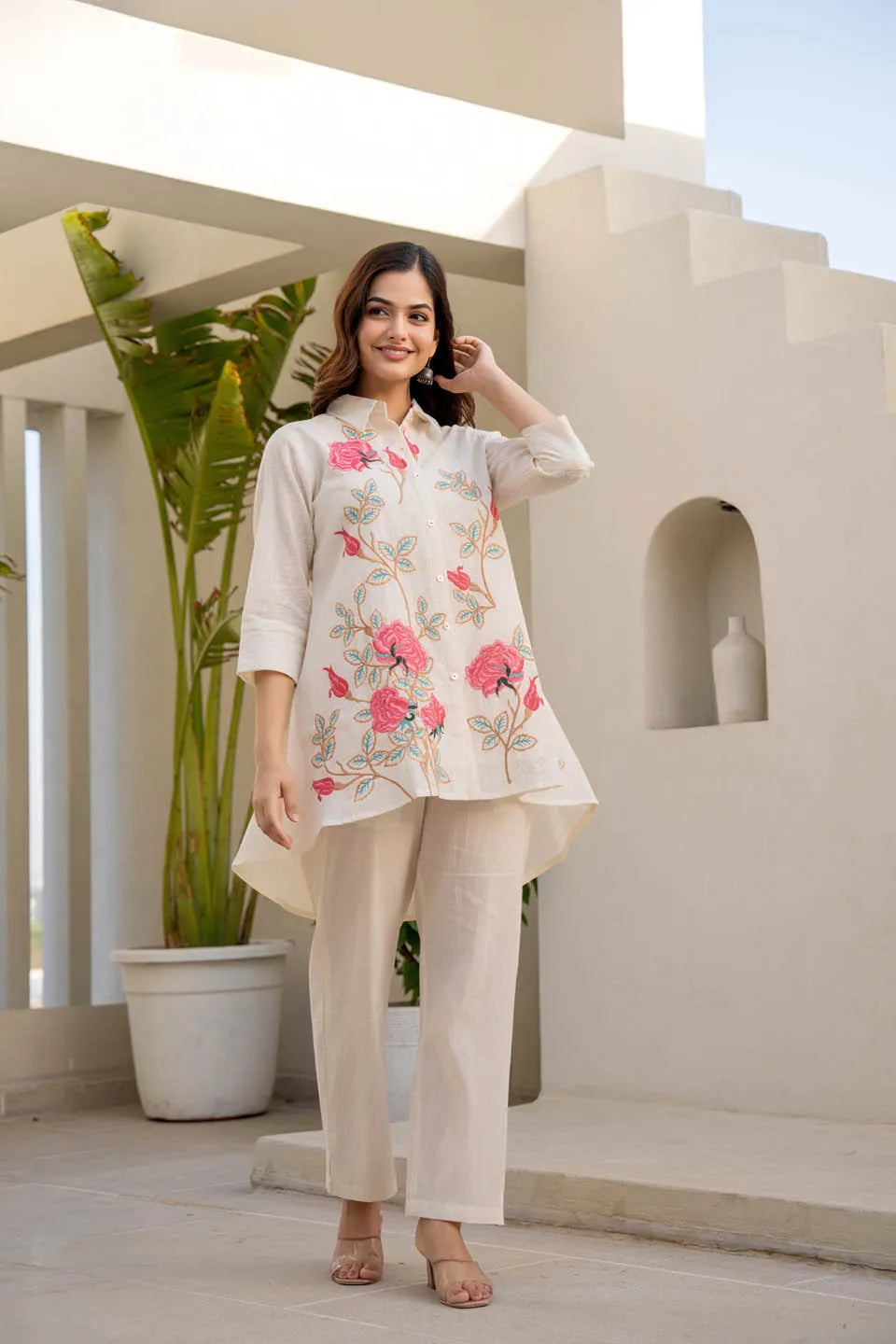 off-white embroidered shirt with trousers coordinated set