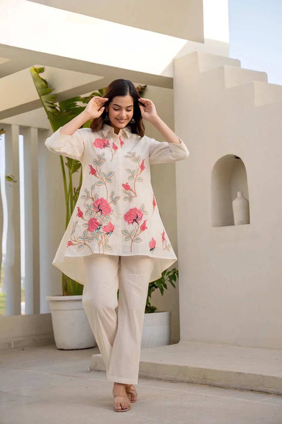 off-white embroidered shirt with trousers coordinated set