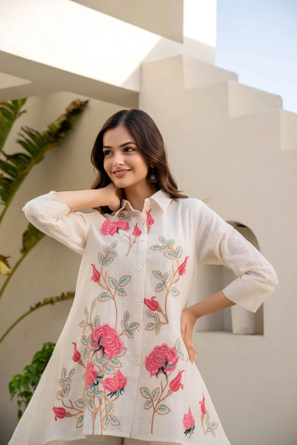 off-white embroidered shirt with trousers coordinated set