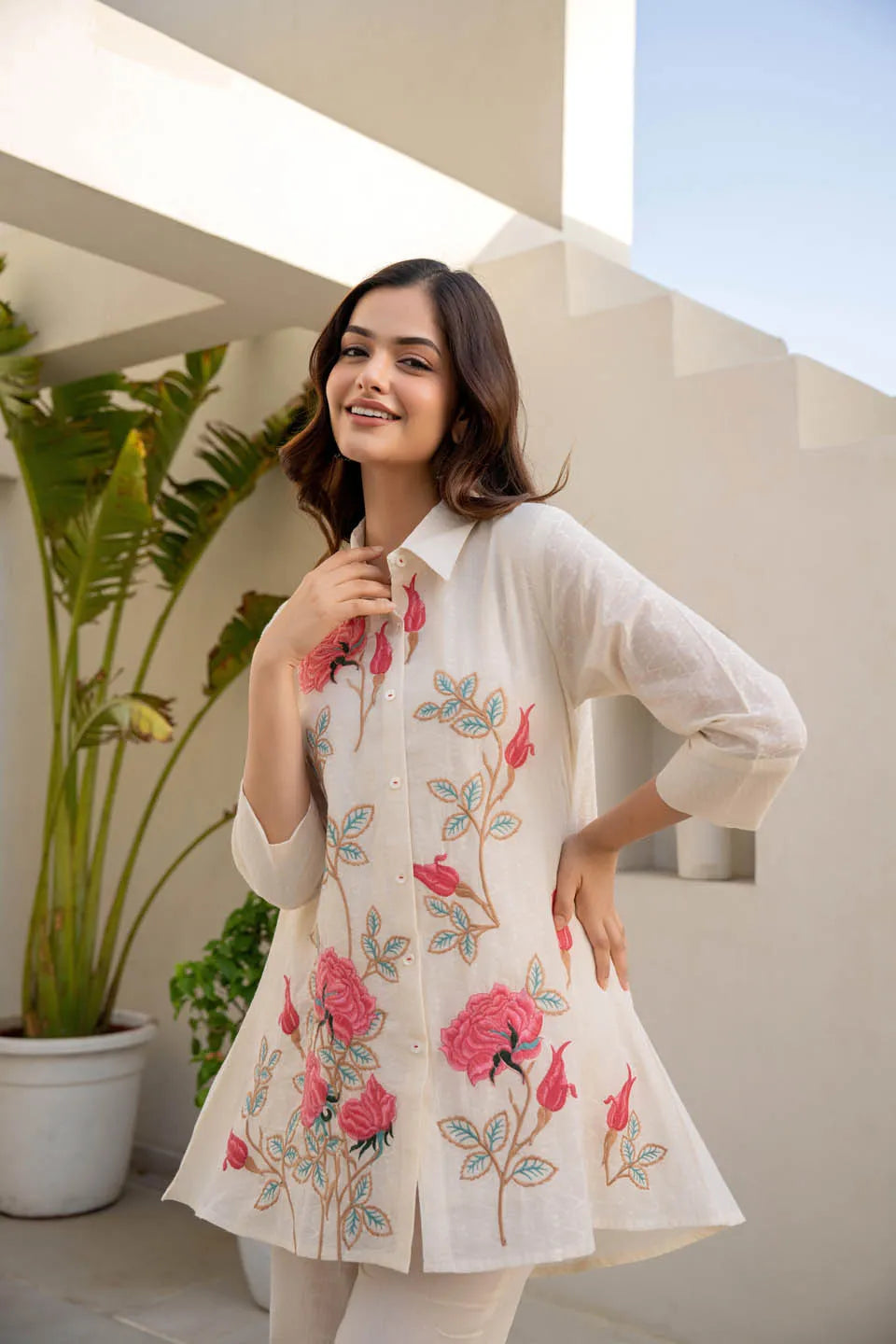 off-white embroidered shirt with trousers coordinated set