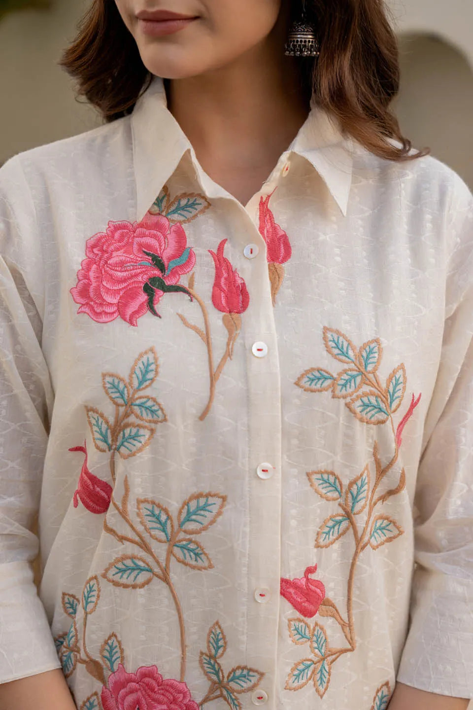 off-white embroidered shirt with trousers coordinated set