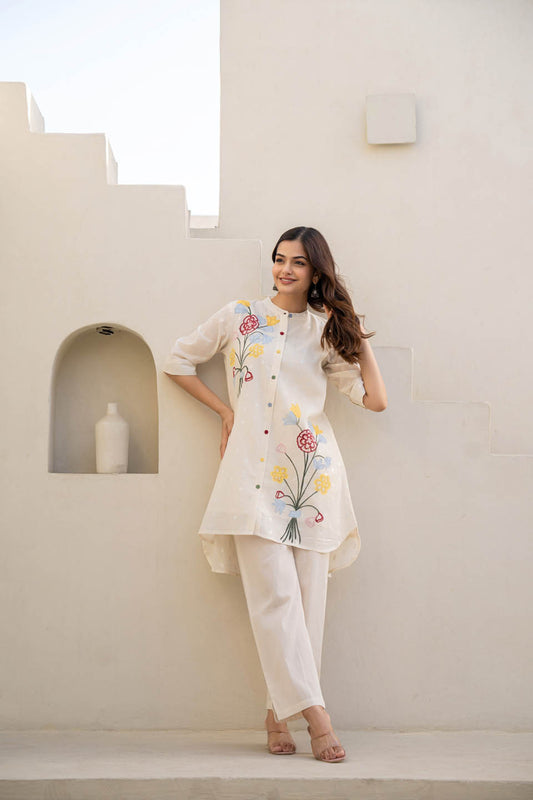 womens off-white coord set with floral embroidered work