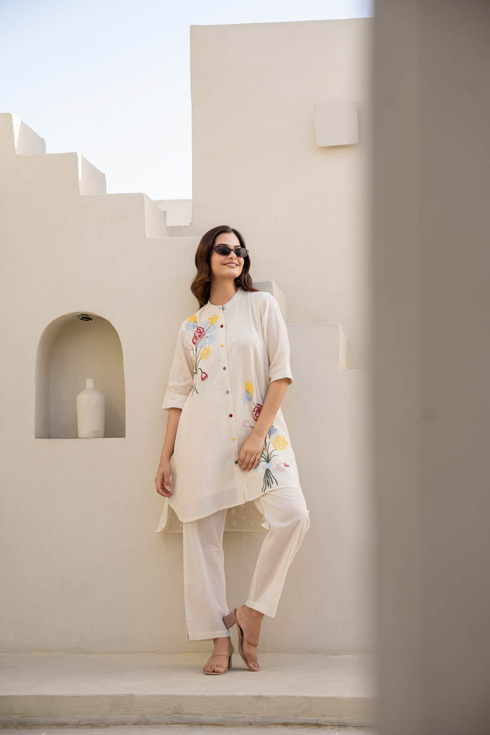 womens off-white coord set with floral embroidered work
