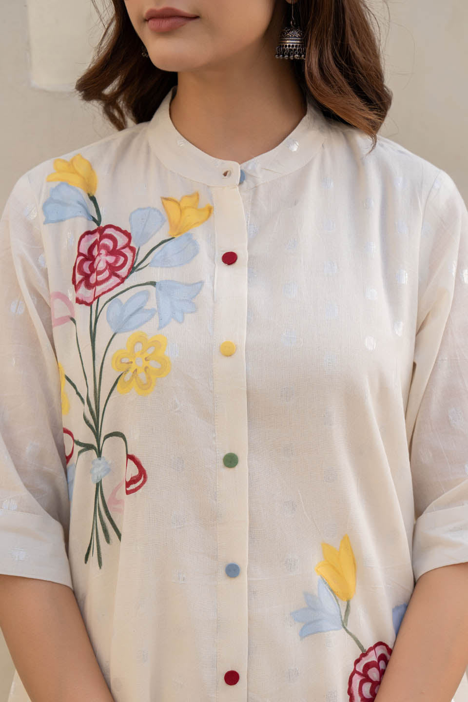 womens off-white coord set with floral embroidered work