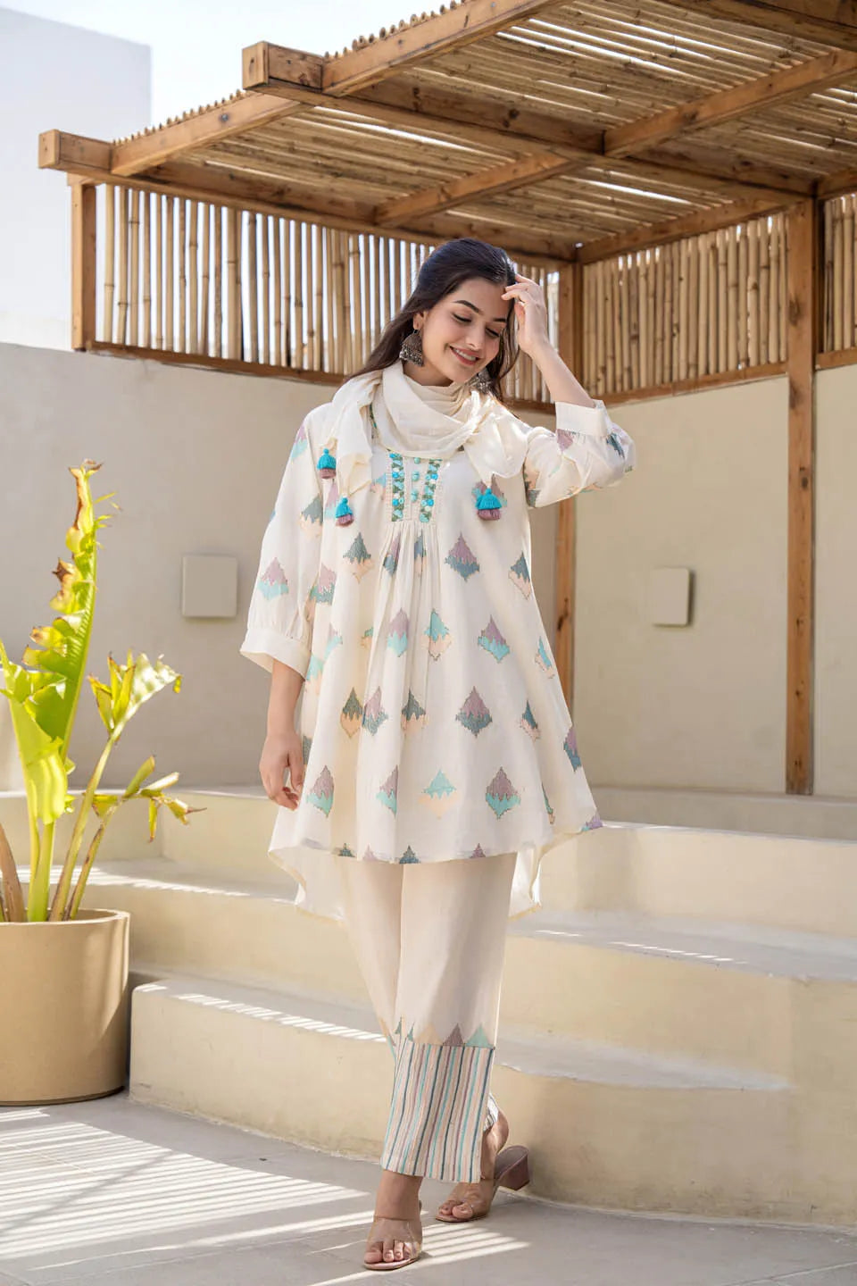 pastel geometric printed a line kurta set with embroidered detailing dupatta