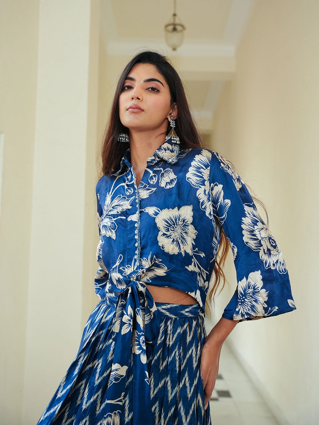 Silk Azure Bliss: Two-Piece Skirt and Top Set
