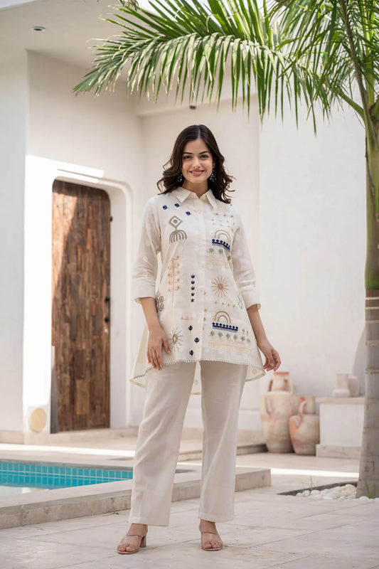 womens off-white coord set with front side embroidery work