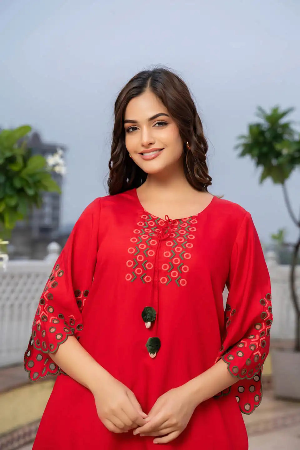 RED EMBROIDERED COORD SET WITH EYELET DETAILS