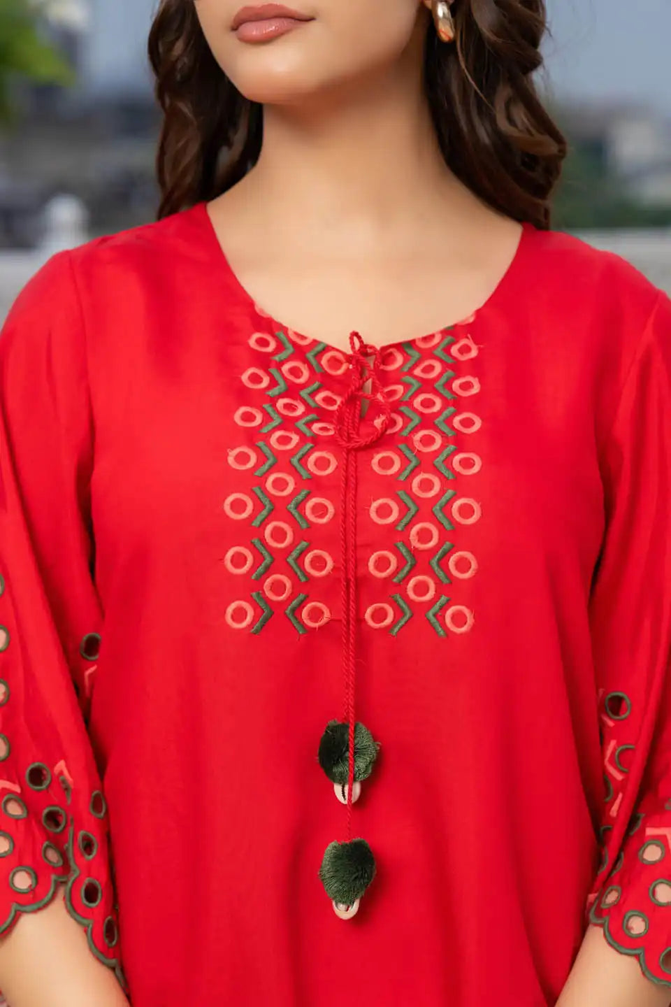 RED EMBROIDERED COORD SET WITH EYELET DETAILS