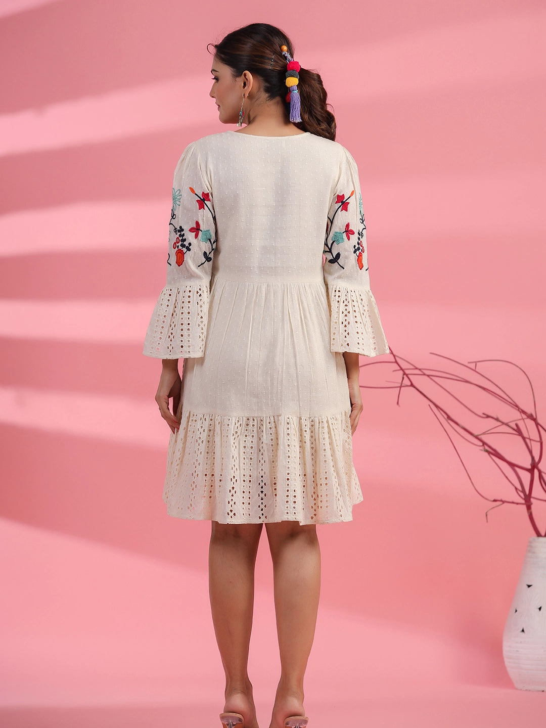 Ivory Elegance: Cotton Embroidered Dress