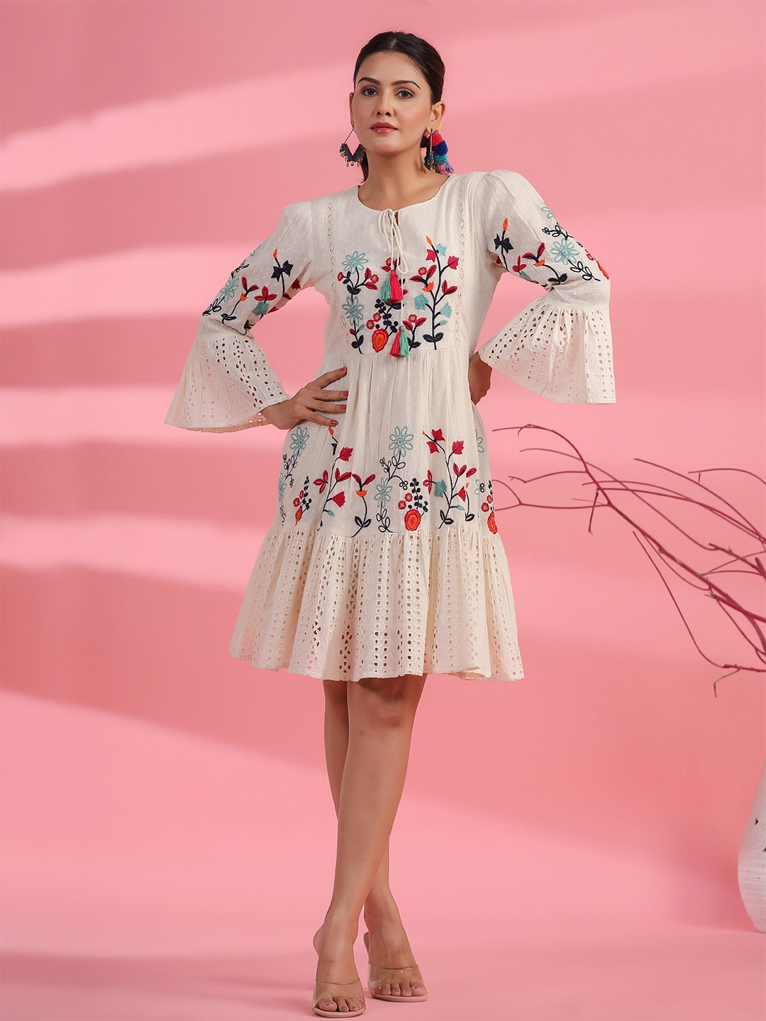 Ivory Elegance: Cotton Embroidered Dress
