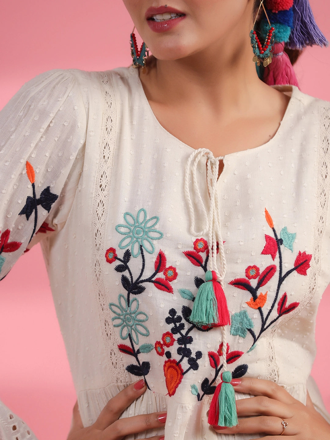 ivory elegance cotton embroidered dress