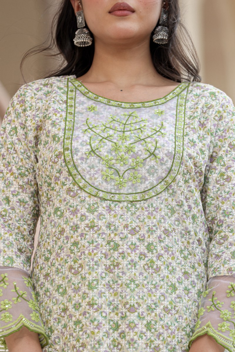 Single Tone Cotton Schiffli Kurti Set