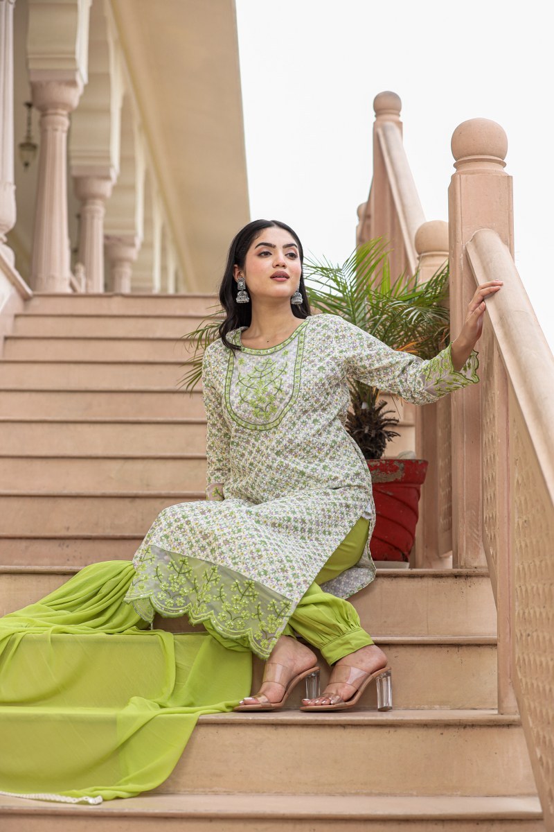 Single Tone Cotton Schiffli Kurti Set