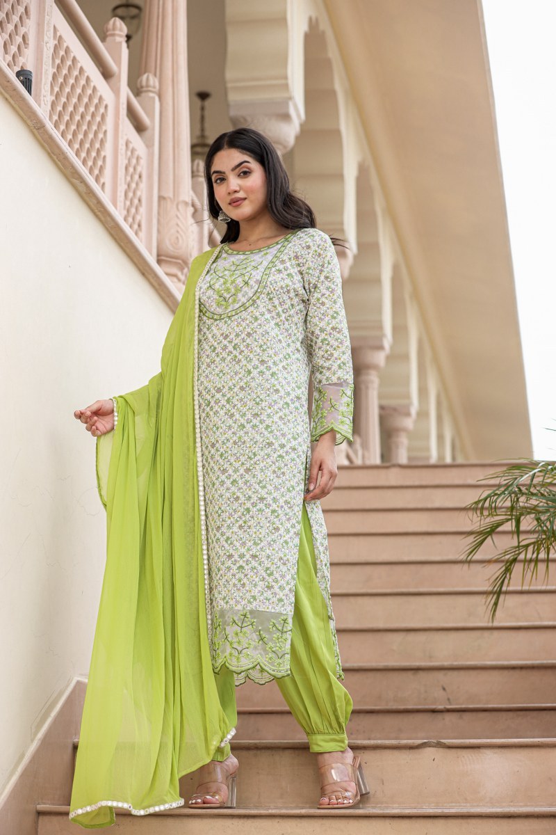 Single Tone Cotton Schiffli Kurti Set