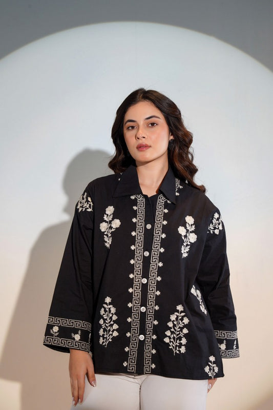 NOIR BLOOM EMBROIDERED BUTTON-DOWN SHIRT – FOR WOMEN