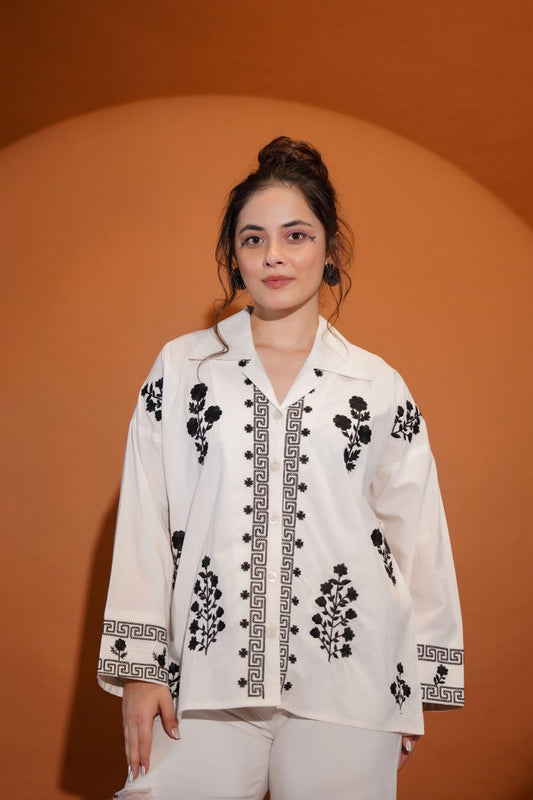 WOMEN'S IVORY COTTON EMBROIDERED SHIRT – FLORAL & GEOMETRIC DESIGN