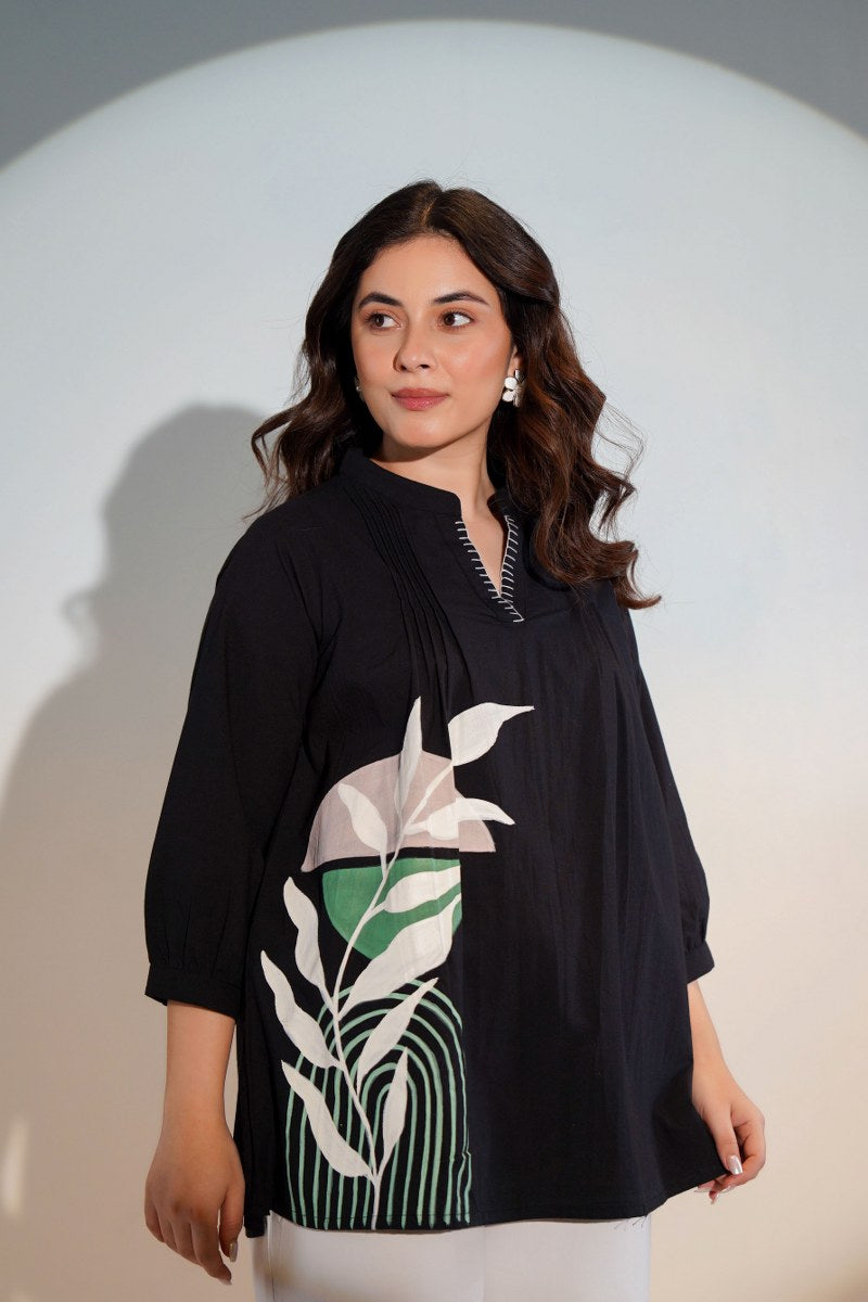 WOMEN'S BLACK COTTON SHIRT – BRUSH PAINT FLORAL DESIGN