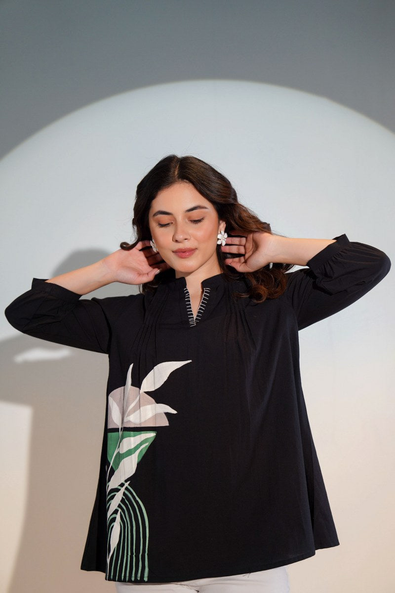WOMEN'S BLACK COTTON SHIRT – BRUSH PAINT FLORAL DESIGN
