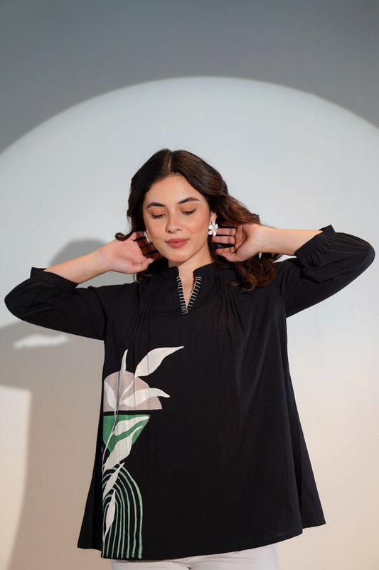 WOMEN'S BLACK COTTON SHIRT – BRUSH PAINT FLORAL DESIGN