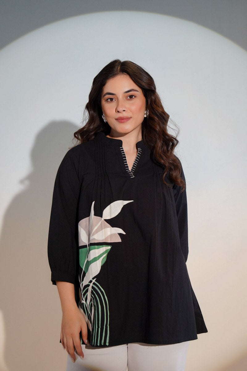 WOMEN'S BLACK COTTON SHIRT – BRUSH PAINT FLORAL DESIGN