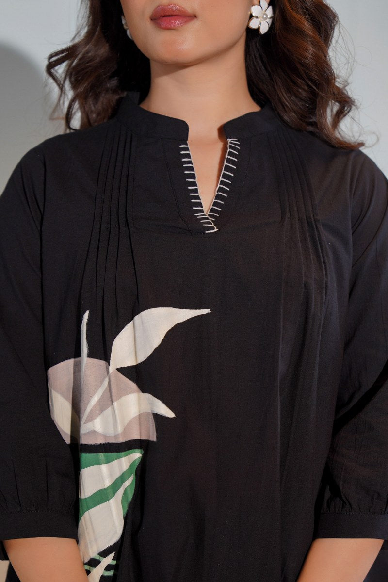 WOMEN'S BLACK COTTON SHIRT – BRUSH PAINT FLORAL DESIGN