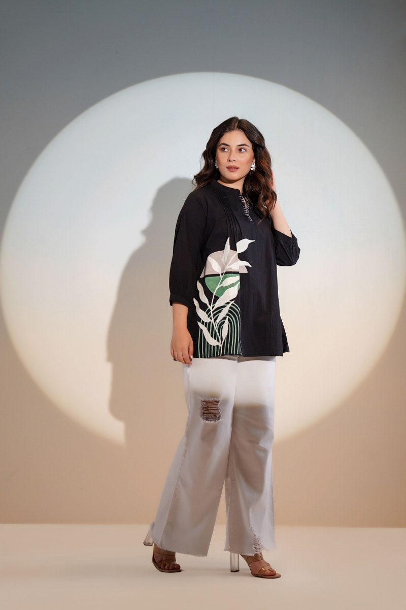 WOMEN'S BLACK COTTON SHIRT – BRUSH PAINT FLORAL DESIGN